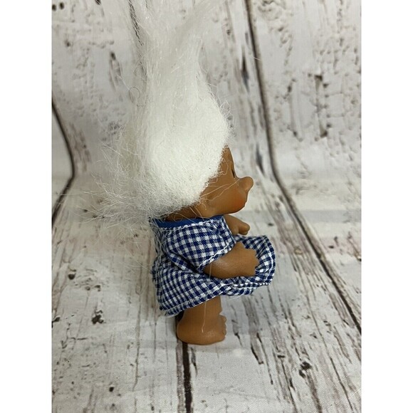 1985 Dam Troll, 3 inch Girl Troll Doll with White Hair And Plaid Dress - Picture 3 of 5